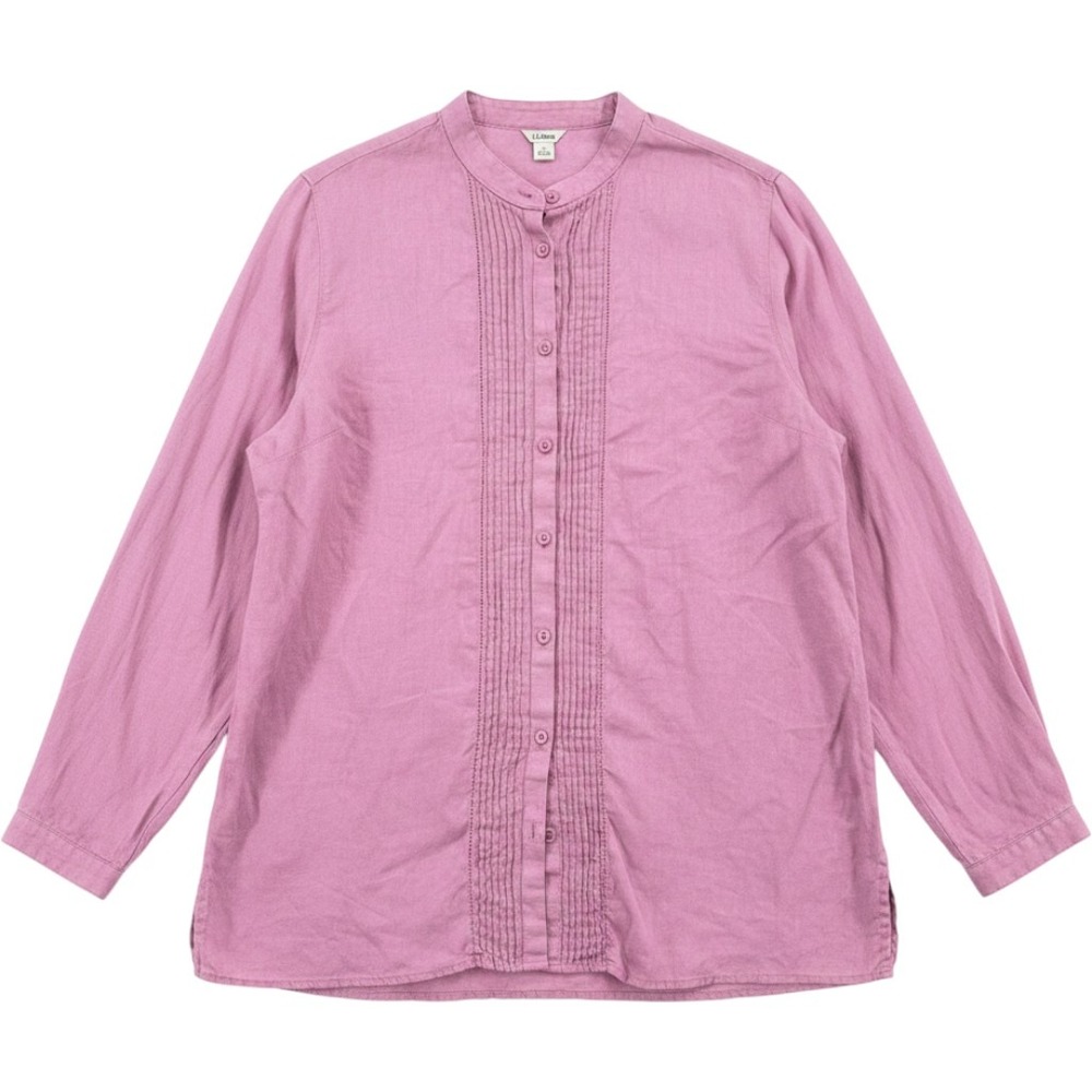 L.L. Bean 100% Linen Pintuck Band Collar Button Shirt Dusty Pink Large 280379